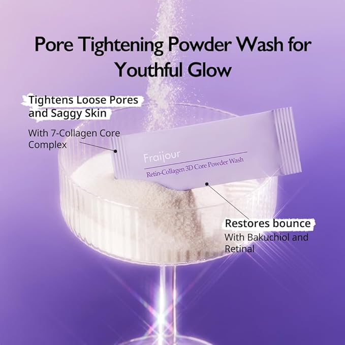 Fraijour Retin-Collagen 3D Core Powder Wash – Exfoliating Powder Cleanser with Papain & 7 Collagens, Tightens Pores, Smooths Skin, Anti-Aging, For Oily & Acne-Prone Skin, 30 Packets, 0.04 oz. each