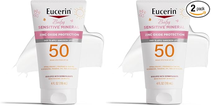 Eucerin Sun Sensitive Mineral Baby Sunscreen Lotion SPF 50 with Zinc Oxide Protection,Hypoallergenic Mineral Sunscreen for Babies,Tear Free and Fragrance Free,4 Fl Oz Tube,(Pack of 2)