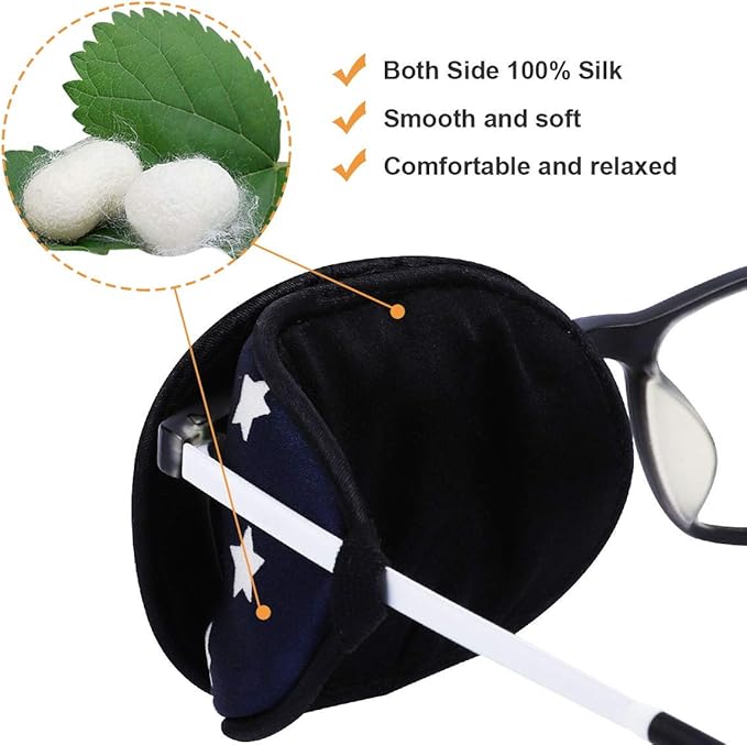 eZAKKA Eye Patches for Adults, Eye Patch for Glasses, Silk Patch for Lazy Eye Amblyopia Strabismus and After Surgery (Blue with Star+Black Polka Dots)