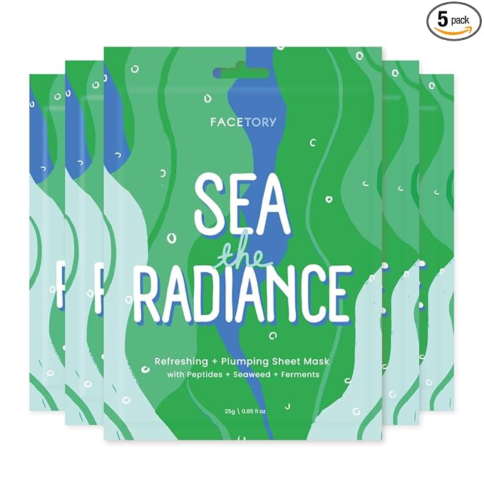 FACETORY K Beauty Face Mask Skin Care - SEA THE RADIANCE PLUMPING Sheet Mask with Peptides & Seaweed Extract | Hydrates, Firms, Rejuvenates (5 Pack)