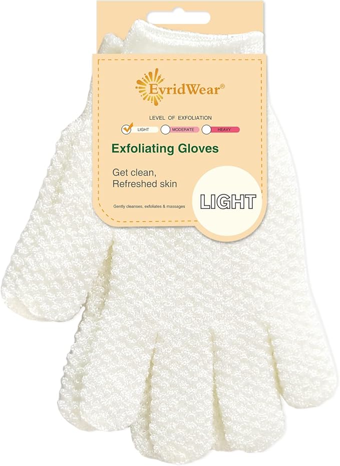 Evridwear Exfoliating Glove Shower Gloves Exfoliate Dead Skin for Dry Sensitive Skin No Irritation with Hanging Loop (White Gentle Exfoliation)