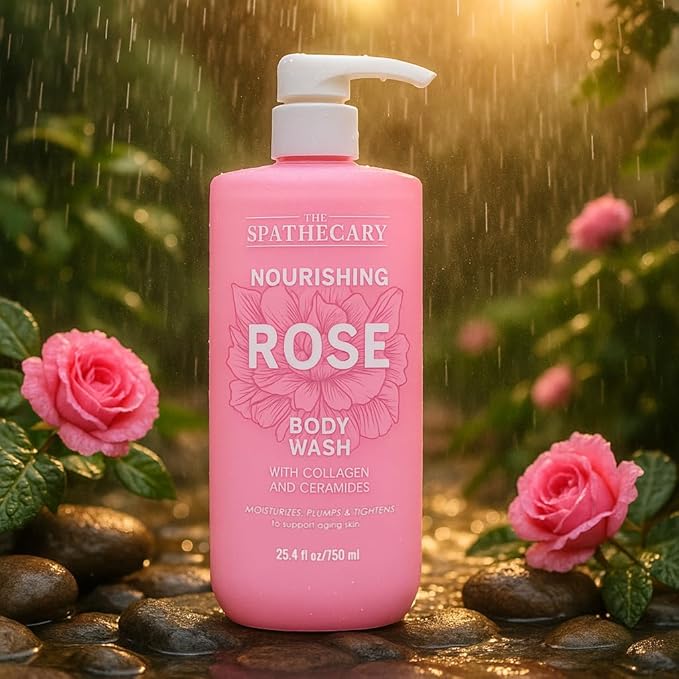 Rose Body Wash with Collagen & Ceramides – Hydrating Moisturizing Shower Gel for Dry & Mature Skin, Daily Cleanser with Rose Extract for Soft Skin, Vegan, Sulfate Free, 25.4 fl oz
