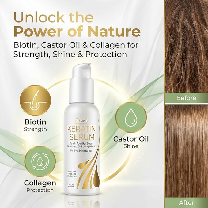 VITAMINS hair cosmetics Keratin Hair Serum with Biotin, Castor Oil & Collagen - Anti-Frizz Heat Protectant & Leave-In Shine Treatment for Dry, Damaged, Color-Treated Hair - 4.25 fl oz (125mL)