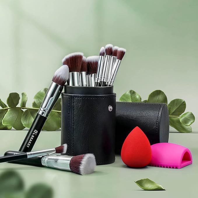BEAKEY 13PCS Makeup Brush Set with Case & 2 Sponges, 10 Makeup Brushes Full Face Kit, Beginner Friendly, Soft Synthetic Bristles for Smooth Even Application, Travel Makeup Kit for Face & Eyes