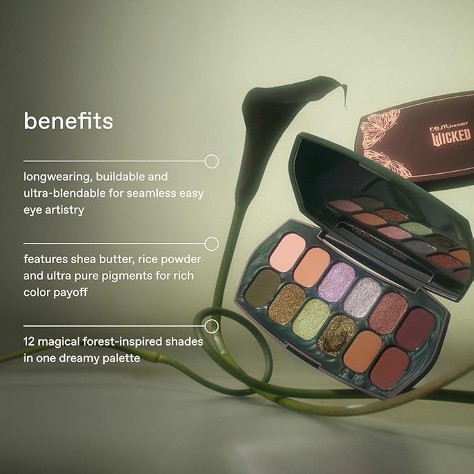 r.e.m. beauty by Ariana Grande Wicked: For Good | Ozian Forest Eyeshadow Palette | Highly Pigmented, Blendable Eye Shadows | Mix of Matte, Duo-Chrome, Shimmer and Glitter Formulas | 12 Shades