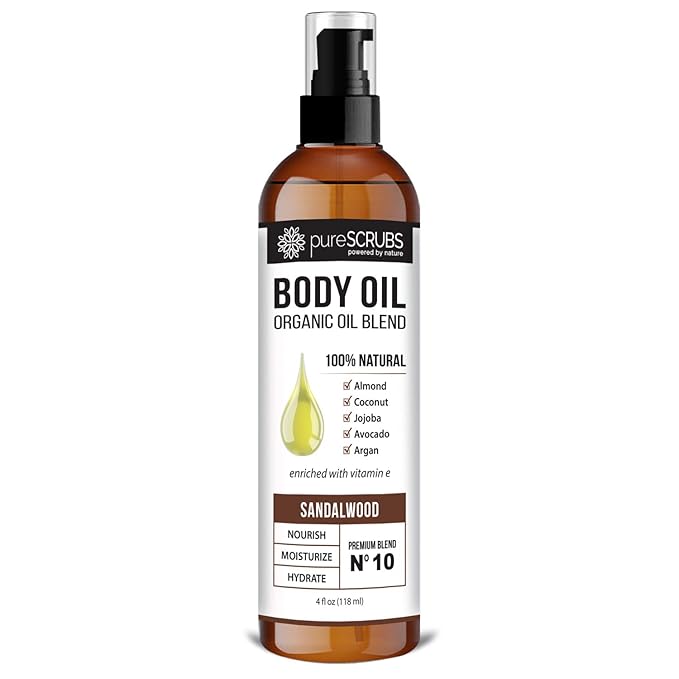 pureSCRUBS Ultra Moisturizing Sandalwood Body Oil Spray for Dry Skin, Massage, Cuticles & More, Organic Blend of Jojoba, Argan, Coconut, Sweet Almond & Avocado Oils Enriched with Vitamin E, Lg 4oz