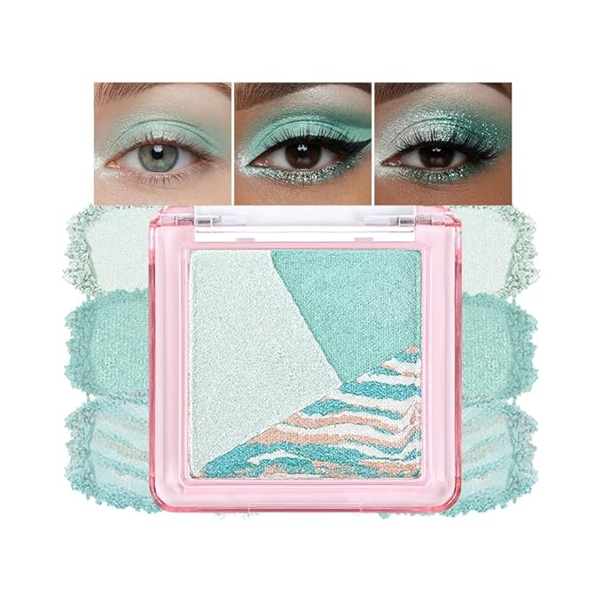 Green Teal Shimmer Baked Eyeshadow Palette, 3 Color High Pigment Blendable Eye Shadow Makeup for Older Women, Travel Mini Palette Suitable for All Eye Shapes, Vegan Cruelty-Free Soft Smokey Look 02#