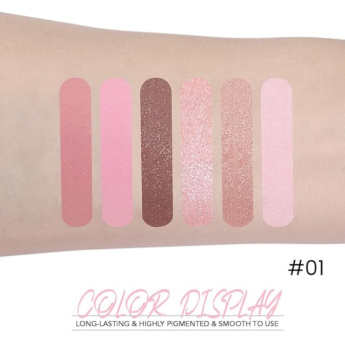 WanTuoluo 6-Color Pink Champange Brown Matte & Shimmer Eyeshadow Palette with Mirror – Highly Pigmented, Long-Lasting Eye Makeup for Artists & Creative Looks (01#