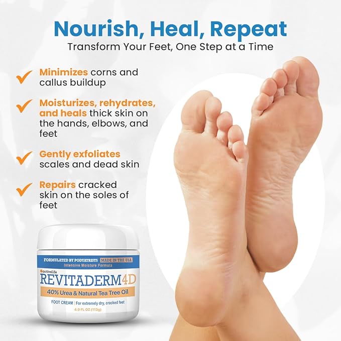 Revitaderm 4D 40% Urea Advanced Foot Cream for Cracked Heels & Dry Skin, Intensive Repair for Rough, Callused Feet, Fast Absorbing, Fragrance Free, Made in USA, 4 oz with Pumice & Brush, 3 Pack