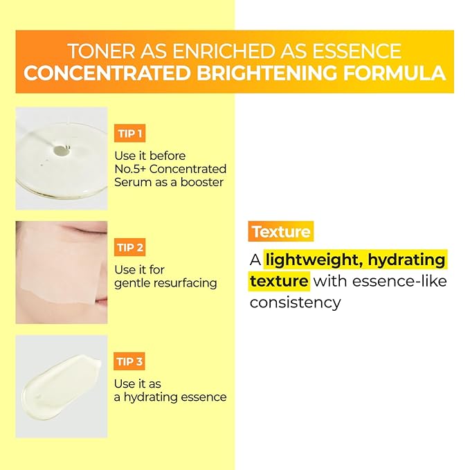 numbuzin No.5 Vitamin Boosting Essential Toner, Radiance-Boosting Vitamin Toner for Uneven & Dull Skin, Glutathione, Vitamin C, Niacinamide, First Step Skincare, 6.76 fl oz (200ml)