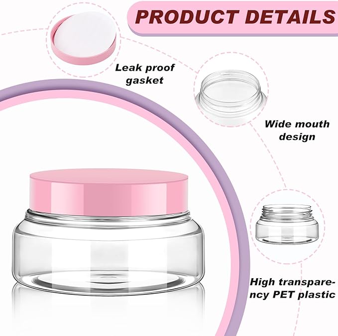 Tessco for you 24 Pack Plastic Jars with Lids Labels Multiuse Slime Containers Empty Body Scrub Jars Round Refillable Cosmetic Body Butter Container for Makeup (5 oz,Clear,Pink)