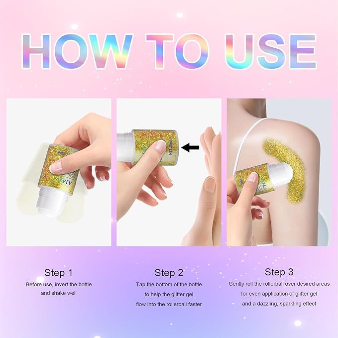 Roll-on Holographic Glitter Gel for Face & Hair, Sparkling Pink Shimmer Makeup, Color Changing Body Glitter for Festivals, Parties & Halloween,Chunky Mermaid Sequins Body Shimmer for Women(Laser Gold)