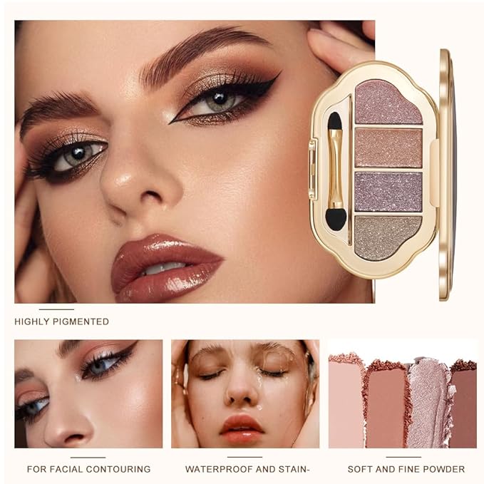 Cool-Toned Shimmer & Glitter Eyeshadow Palette, Rose Mauve Copper Bronze Lavender Silver & Champagne Taupe Metallic Shades, High Pigment Blendable Mini Palette for Blue & Green Eyes, Soft Glam Makeup