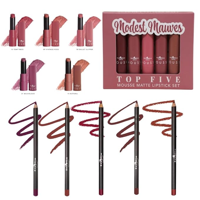Italia Deluxe Exclusive Edition Top Five Lip Kit with Mousse Matte Lipsticks and Ultrafine Lipliners, Creamy, Highly Pigmented, Long Lasting Lip Makeup Combo