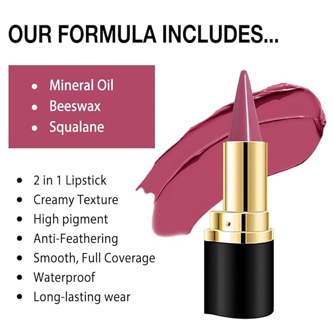 evpct Plum Rose Gradient Matte Lipstick Lip Liner Crayon Combo Pencil Set for Women Long Lasting Waterproof, Rose Purple Matte Cream Lip Liner and Lipstick Combo Makeup, Flawless Gradual Ombre Effect