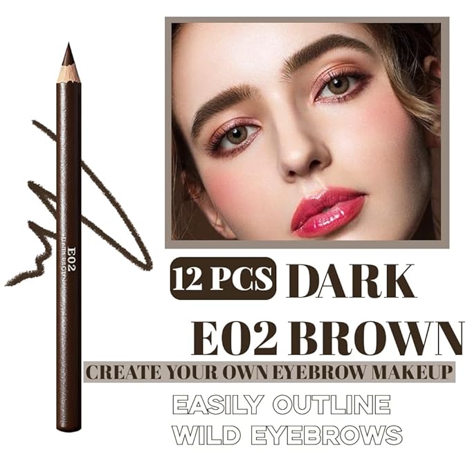 12Pcs Dark Brown Eyebrow Pencils for Women, Wooden Hard-Core Eyebrow and Eyeliner Pencil, Long Lasting Waterproof and Sweat-Proof, Beginner Makeup Brow Pencil (Dark Brown)