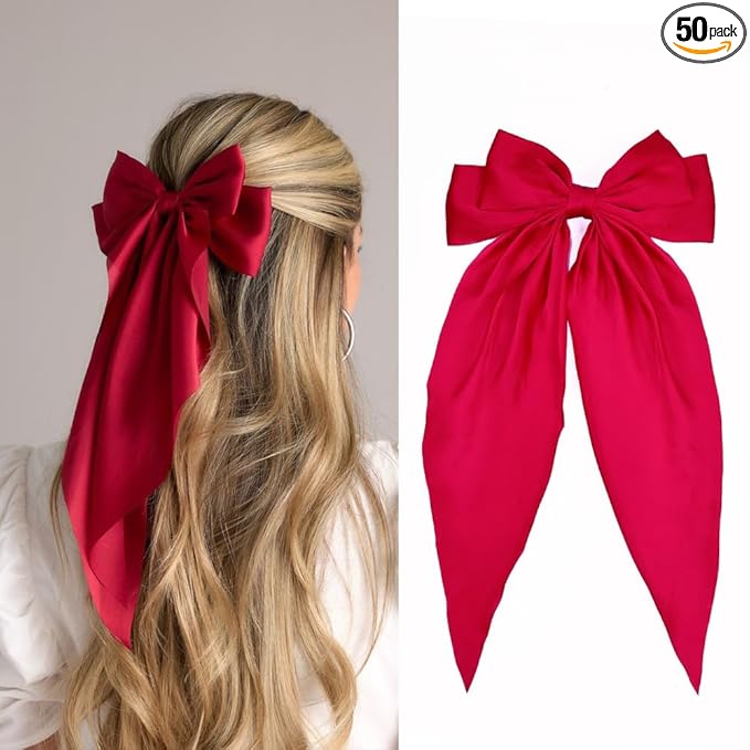 Silky Satin Oversized Long-tail Bow Clip, Large Red Hair Bow for Women Girl, Hair Accessories with Long Tail, 1Pcs
