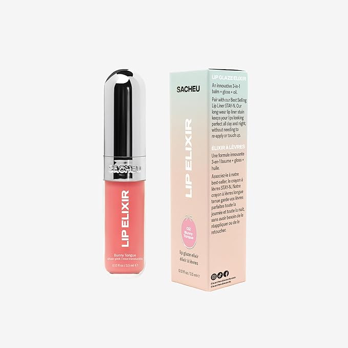 Sacheu Lip Elixir Nourishing and Hydrating Lipgloss — Moisturizing Plumping Lip Gloss Enriched with Collagen, Non-Sticky Lip Color Smooth High-Shine Finish, Vegan & Cruelty-Free, Bunny Tongue (Pink)