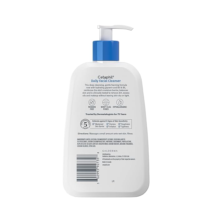 Cetaphil Face Wash, Daily Facial Cleanser for Sensitive, Combination to Oily Skin, 8 oz, Pack of 3, Gentle Foaming, Soap Free, Hypoallergenic