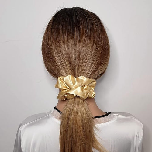 12 Pcs Satin Silk Scrunchies and Hair Accessories - Soft Ties, Fashion Bands, Bows, Ropes, Elastic Bracelets, Ponytail Holders for Women and Girls (4.5 Inch, Dark Gold)