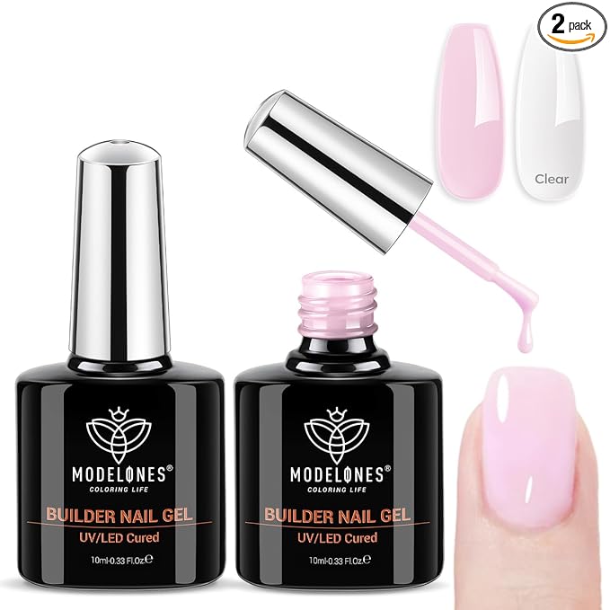 modelones Base Coat Builder Nail Gel, 2 Pcs Clear and Baby Pink Builder Nail Polish, 8-in-One Rubber Base Gel Polish Pastel Pink Color Strengthener Apex Building Extension LED Lamp Cured 10ml