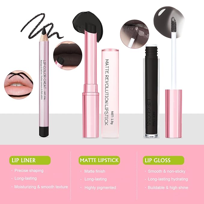 3 PCS Black Lip Combo Set - Precision Matte Lip Liner and Lipstick with High-Shine Black Lip Gloss Smooth Long-Lasting Smudge-Proof High Pigment for Gothic Cosplay Makeup