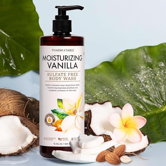 PHARM TO TABLE Moisturizing Vanilla Body Wash for Women and Men - Moisturizes and Softens the Skin, Sulfate Free, 100% Cruelty Free, 480ml
