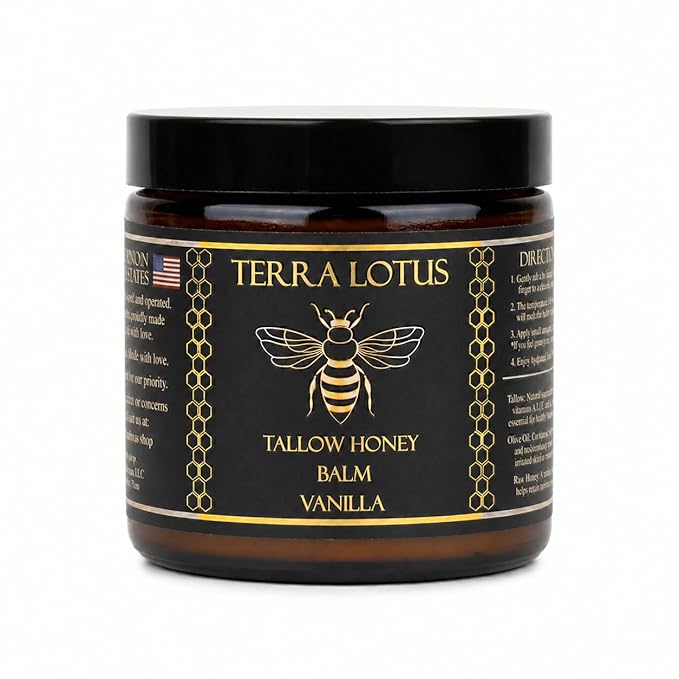Terra Lotus - Organic Grass-Fed Beef Tallow Balm with Raw Honey - Moisturizing Cream for Soft, Smooth Skin - Handmade All-Natural Moisturizer (4 Oz, Vanilla)