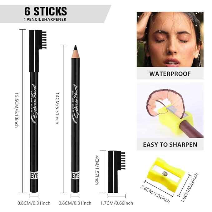 6Pcs Eyebrow Pencils for Women, Wooden Hard-Core Eyebrow and Eyeliner Pencil, Long Lasting Waterproof and Sweat-Proof, Beginner Makeup Brow Pencil With Eyebrow Brush and Pencil Sharpener (Black, 6Pcs)