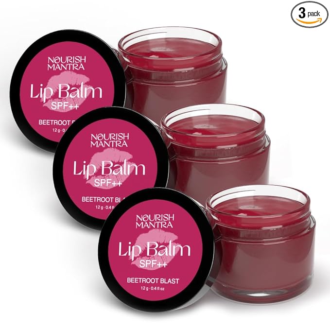 Nourish Mantra Beetroot Blast Lip Balm with SPF | Made with Olive oil, Shea Butter, Vitamin E and Avocado Oil | For Dry, Chapped & Dark Lips | Best for Both Women and Men | 12g (Pack of 3, Beetroot)