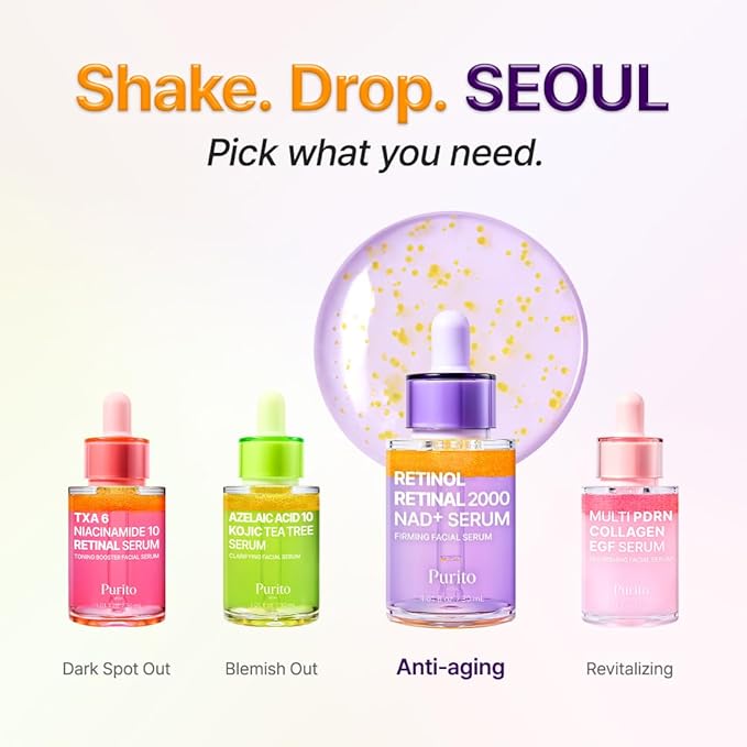 PURITO Retinol 0.1% + Retinal 0.1% Anti-Aging Facial Serum | for Wrinkles, Fine Lines & Firmer Skin | Dual Retinoids with NAD+, Improve Elasticity & Skin Texture | Korean Skincare, 30mL 1.01 fl.oz