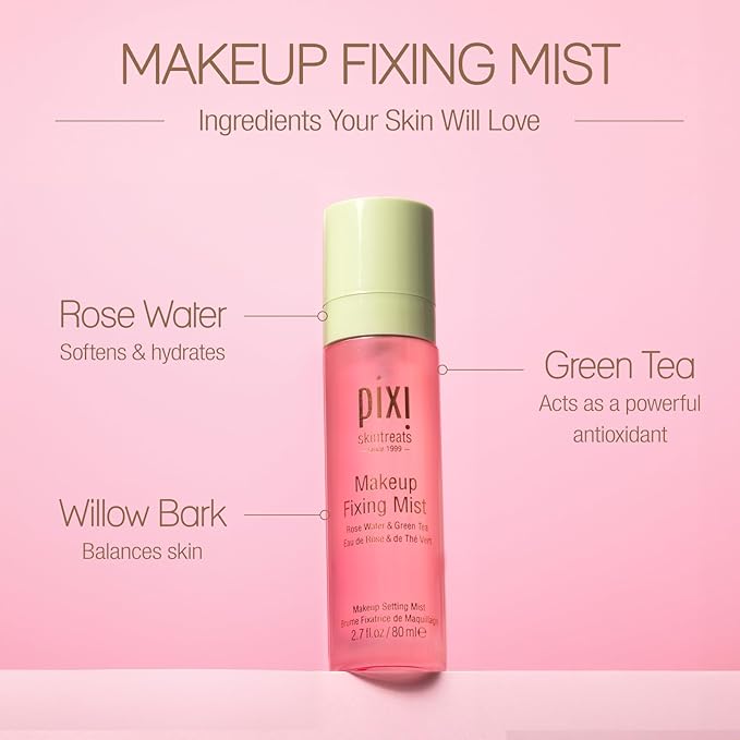Pixi Beauty Makeup Fixing Mist 80ml, All Over Setting Spray For Longer Wearing Makeup, Rose Water and Green Tea Infused, 80 ml / 2.70 fl oz