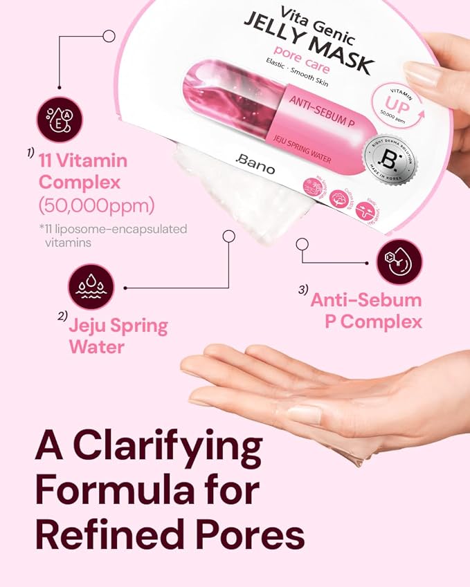 Bano Vita Genic Jelly Face Pore Care Mask 10EA – Hydrating Sheet Mask for Sensitive Skin, Korean Glass Skin Care with Spring Water, Vitamin C and Niacinamide, Sebum Control, Fragrance-Free, Pack of 2