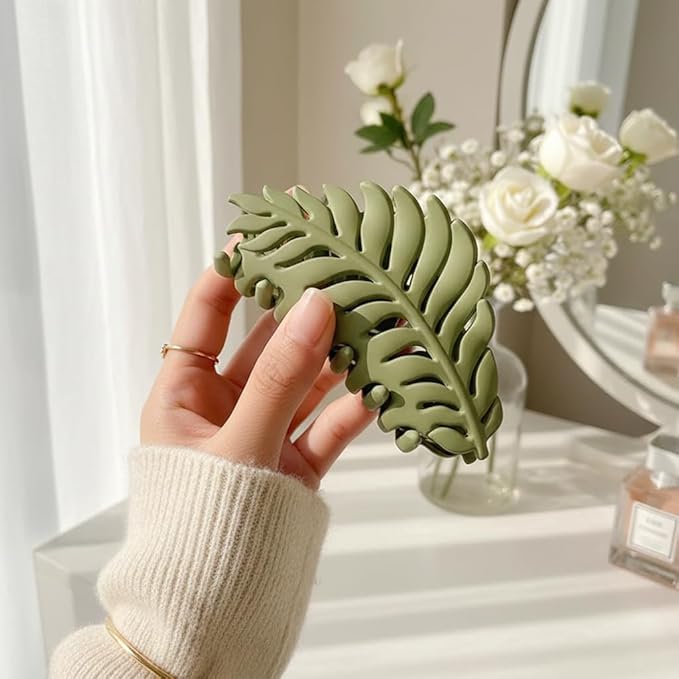 Hair Clip, 1Pc Green Leaf-shaped Hair Clip with Many Teeth, Big Claw Clips, 3.5 Inch, Non slip Leaves Hair Catch Barrette Jaw Clamp Hairpins for Women Girls, Hair Accessories