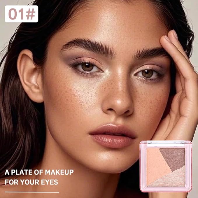 Neutral Pink Brown Shimmer Baked Eyeshadow Palette, 3 Color High Pigment Blendable Smooth Eye Shadow Makeup for Older Women, Travel Mini Palette Suitable for All Eye Shapes Vegan & Cruelty-Free 01#