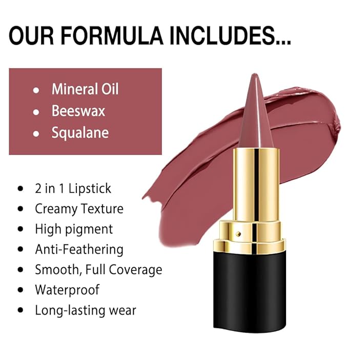 evpct 3Pcs Mauve Red Dusty Rose Gradient Matte Lipstick Lip Liner Crayon Combo Pencil Set for Women Long Lasting Waterproof, Cream Lip Liner and Lipstick Combo Makeup，Flawless Gradual Ombre Effect