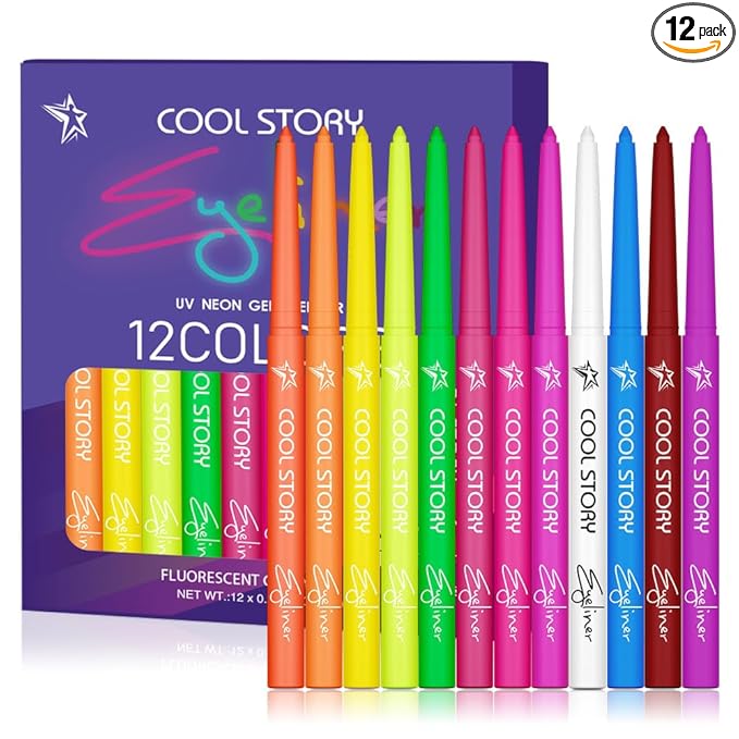 COOL STORY Neon Eyeliner Pencils Set Waterproof Smudge-proof 12 Color Women Makeup Gel Delineador UV Rave Face Body Painting Rainbow Pen Glow in the Dark