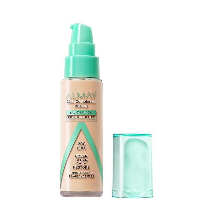 Almay Clear Complexion Acne Foundation Makeup with Salicylic Acid, Medium Coverage, Soft Matte Finish, Hypoallergenic, Cruelty- & Fragrance-Free, Dermatologist Tested, 200 Buff, 1 fl oz