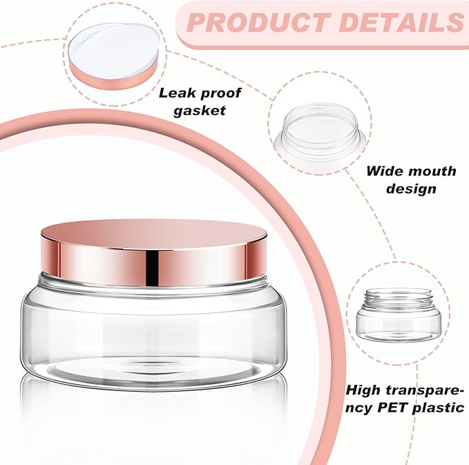 Tessco for you 24 Pack Plastic Jars with Lids Labels Multiuse Slime Containers Empty Body Scrub Jars Round Refillable Cosmetic Body Butter Container for Makeup (5 oz,Clear,Rose Gold)