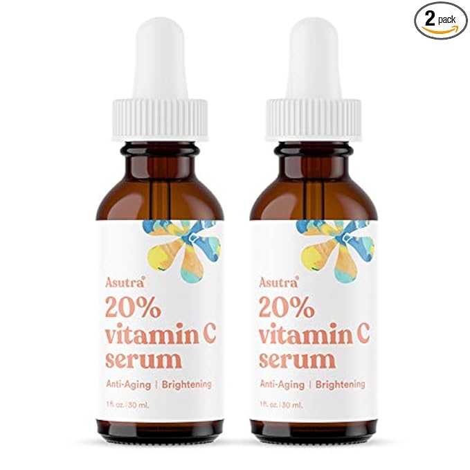 ASUTRA 20% Vitamin C Serum, 1 fl oz (Pack of 2) - Ferulic & Hyaluronic Acid, Vitamin E, Aloe, Jojoba, Brightening Face Serum