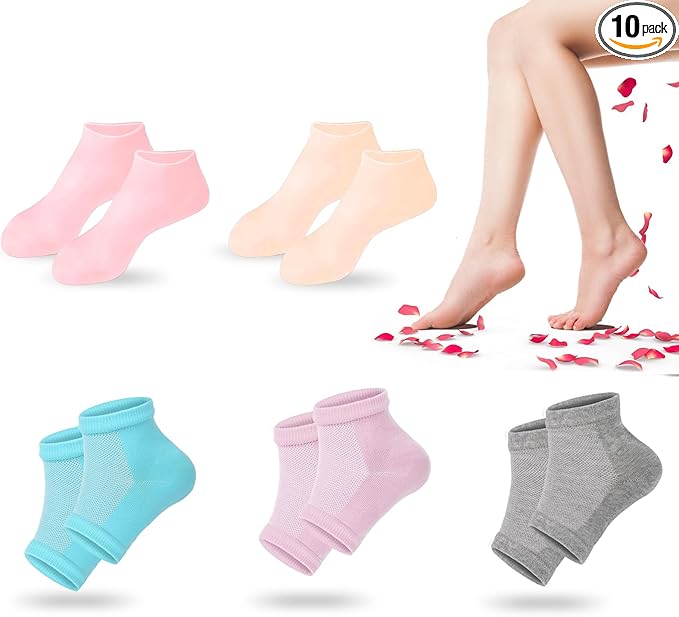 TEAWOO 5 Pairs Moisturizing Socks (2 Silicone Socks & 3 Heel Socks) for Dry Cracked Feet, Spa Gel Socks Foot Care After Pedicure, Toeless Socks to Soften and Hydrate Feet Heels