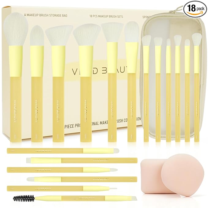 Yellow Make up Brush Set – 18PCS Makeup Brushes for Powder, Foundation, Eyeshadow – With Rubber Coated Handles, Painted Aluminum Ferrules, Travel Bag & 2 Makeup Sponges– For Women & Beginners