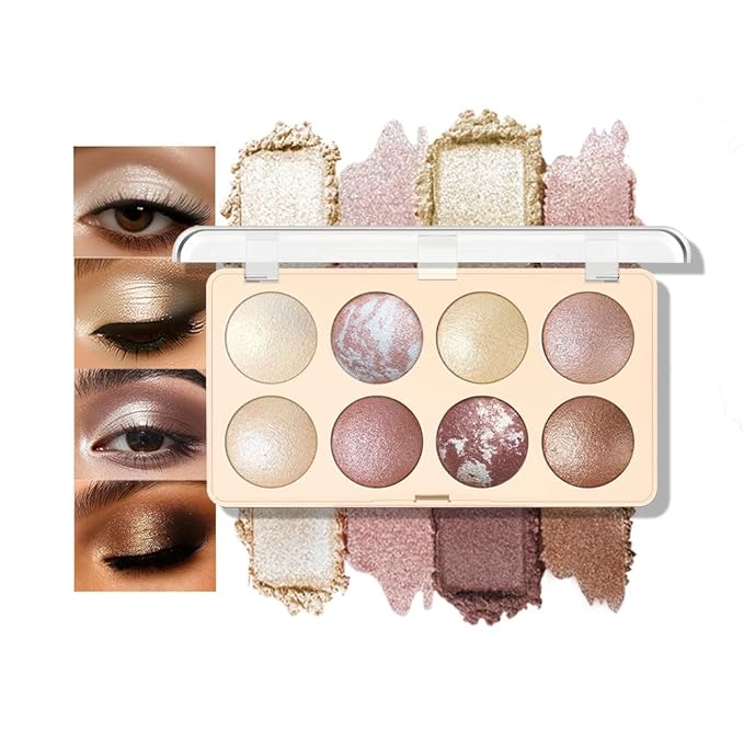 Warm Neutral Shimmer Baked Eyeshadow Makeup Palette, 8 Color Smooth Blendable Buildable Highlighter Palette, Long-Lasting Vegan Cruelty-Free, Suitable for All Skin Tones, Travel Size Multi-Use 02#