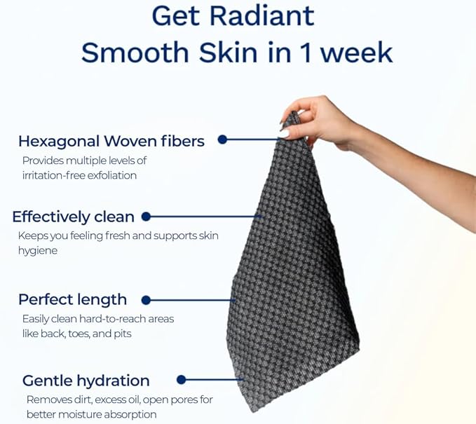 Sima Brand Exfoliating Washcloth Face & Body Scrub Towel - Japanese Exfoliating Towel with Hexagon Fibers, Body Scrubber with 2 Sides for Scrubbing & Washing, Extra Long Body Towels (Black)