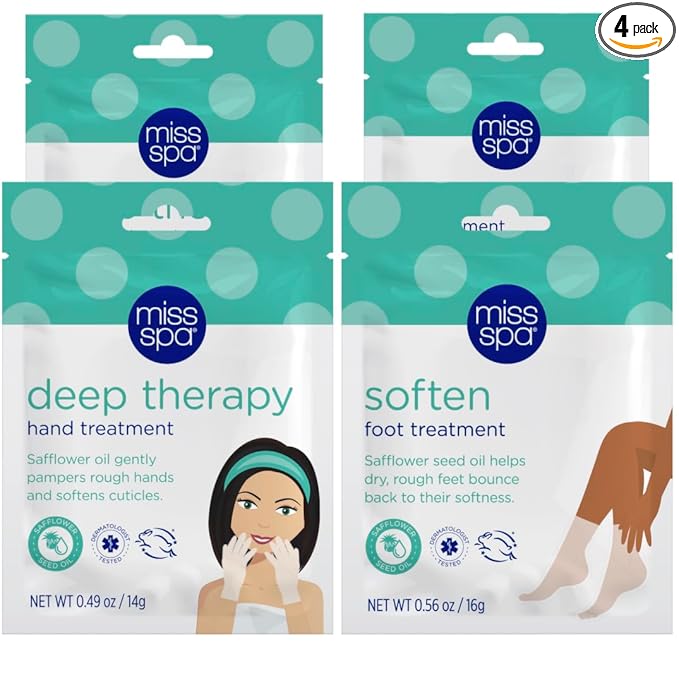 MISS SPA Moisturizing Hand Foot Treatment Set for Women, Nourishing Deep Therapy Softening Gloves and Foot Masks, Moisturizing Hand Masks Gloves for Dry Skin Soften Cuticles, Skin Care Set, 4-Pack
