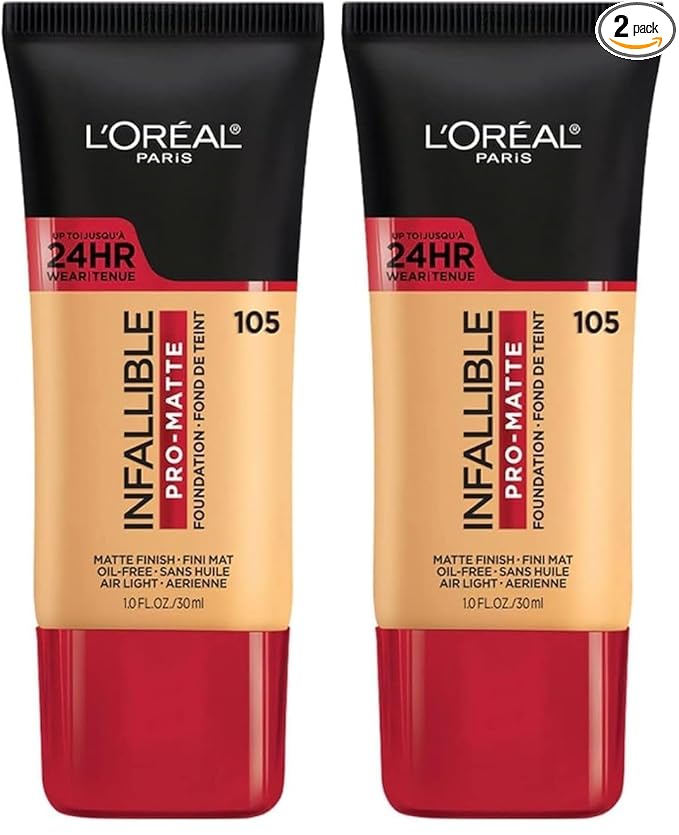 L'Oreal Paris Cosmetics Makeup Infallible Pro-Matte Liquid Longwear Foundation, Natural Beige, 1 fl oz. (Pack of 2)