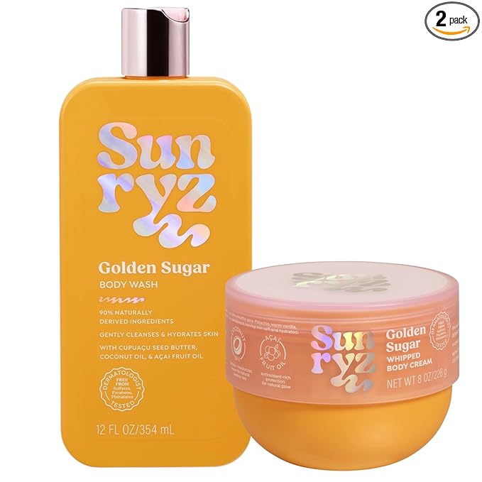 PDC Brands Sunryz Limited Edition Summer Scented Body Wash and Whipped Body Cream Duo, Golden Sugar, 12 FL OZ Body Wash, 8 OZ Body Cream, 2 Piece Set