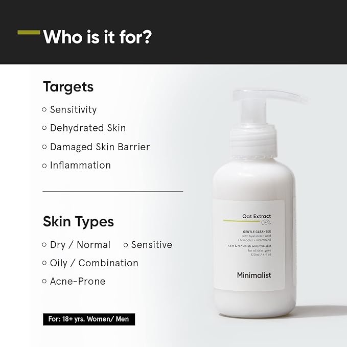 Minimalist 6% Oat Extract Gentle Face Wash for Sensitive, Dry & Dehydrated Skin | Hyaluronic Acid Provides Hydration | For Women & Men | 4 Fl Oz / 120 ml
