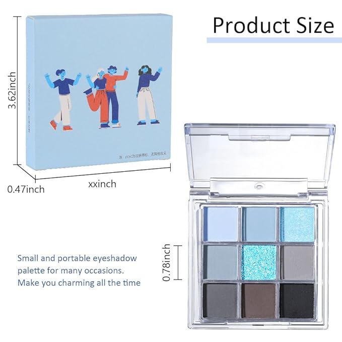 CAKAILA 9 Colors Blue Grey Colorful Eyeshadow Palette,Matte Shimmer Navy Blue Sky Blue Grey Eye Shadow Makeup Palettes,Long Lasting Waterproof Eye Makeup Palette