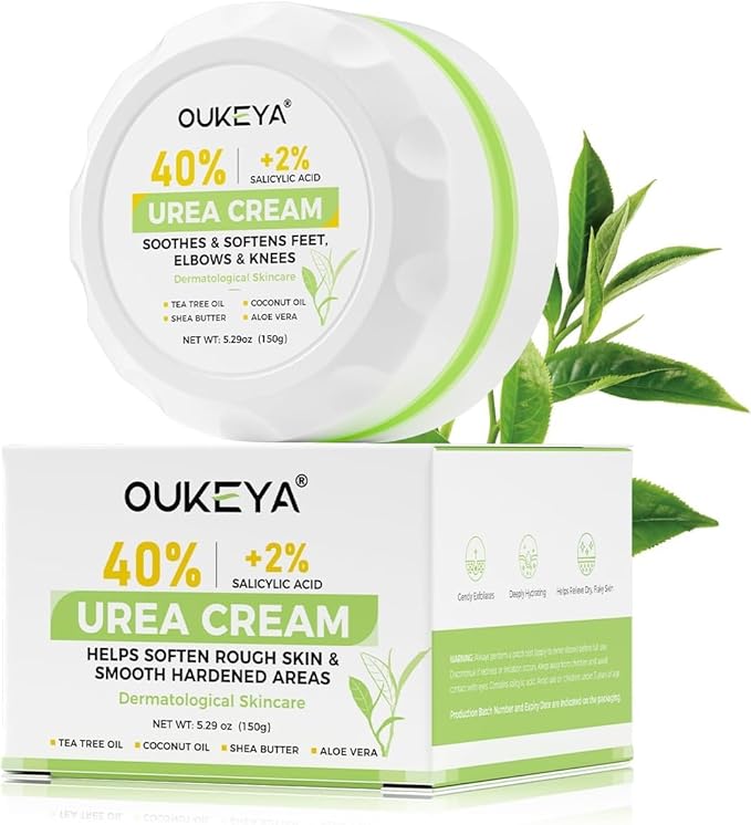 OUKEYA 40 Percent Urea Foot Cream,with Salicylic Acid,Tea Tree Oi & Ceramides,Cracked Heel Smooth | Dry Skin Exfoliator | Nourishes | For Foot,Hands, Elbows, Knees 5.29 Oz